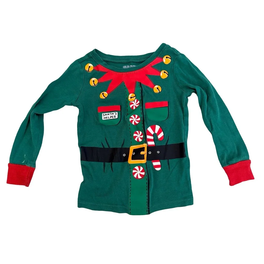 Old Navy Pajamas Elf Costume Green Red Christmas Holiday Kids 3T